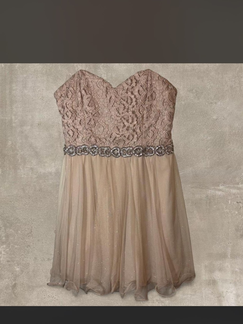 Jodi Kristopher Strapless Lace & Tulle Cocktail Dress in Blush and Champagne